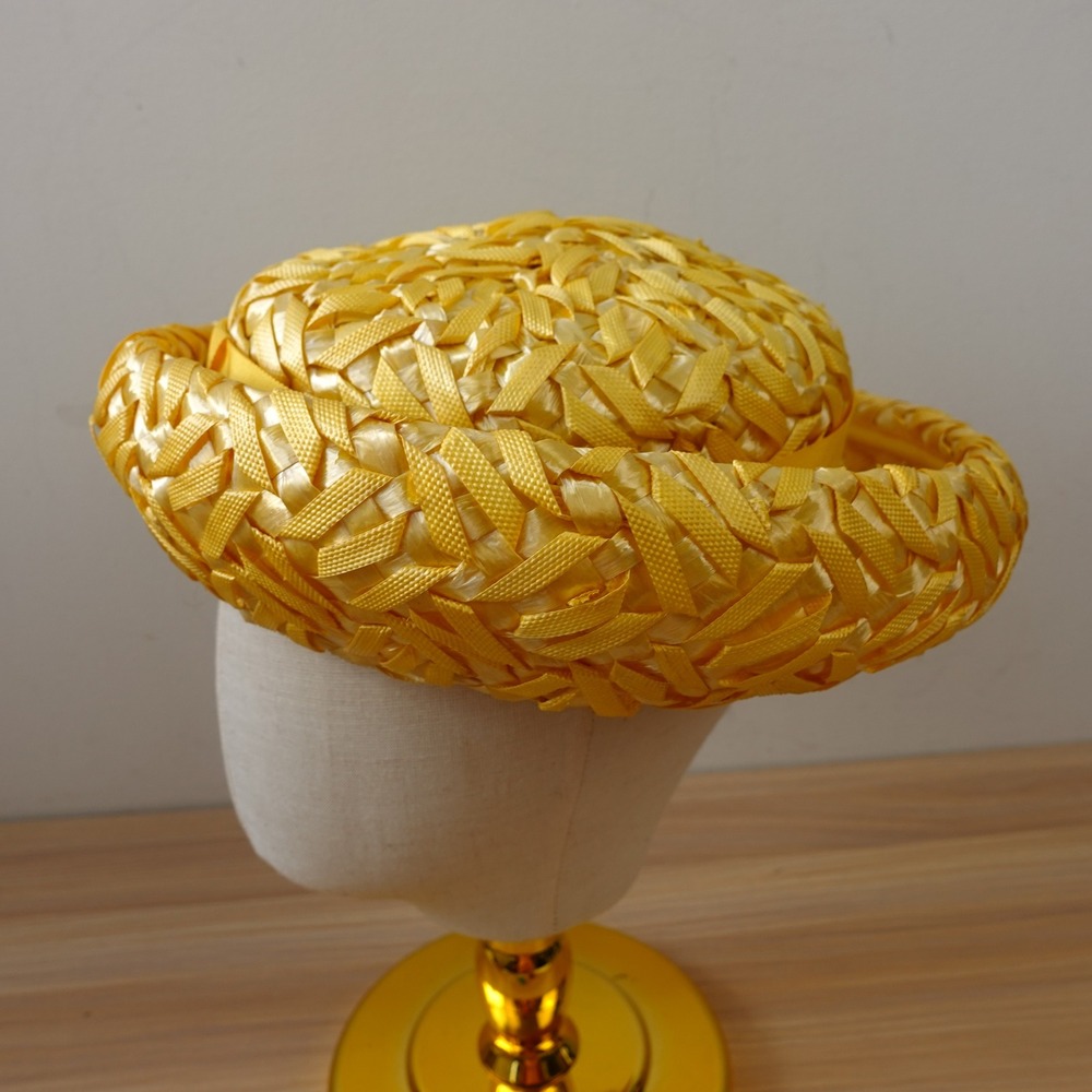 Vintage Church Hat Yellow Straw Basketweave Grosgrain Bow Rockabilly USA Made